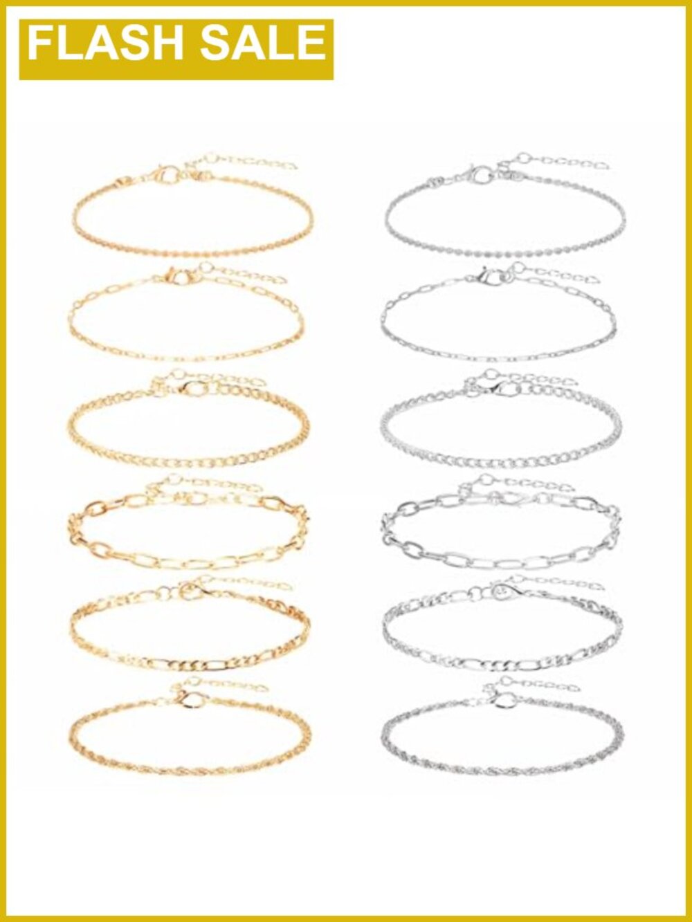 12pcs Gold Silver Tone Ankle Bracelets Set Layered Cuban Link Chain Adjustable